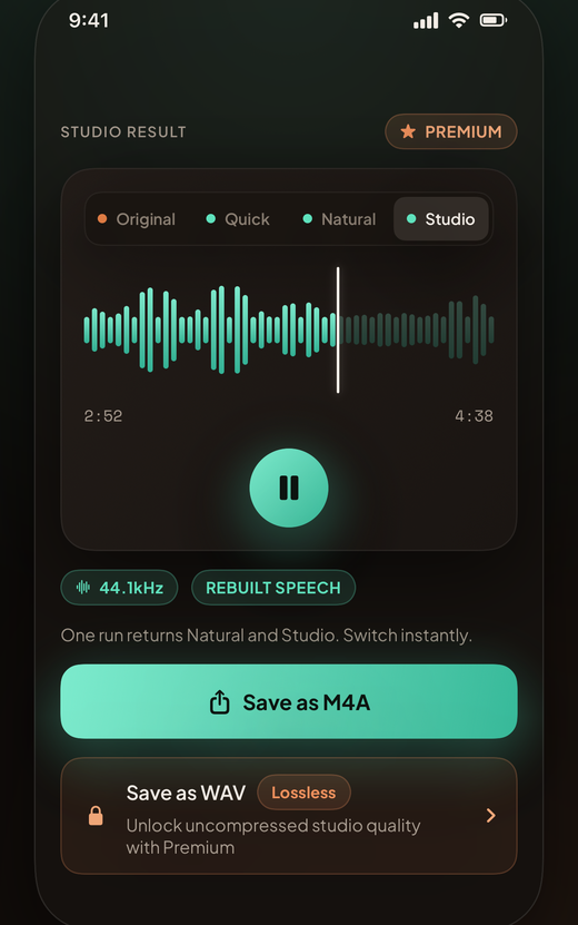 The Studio result screen: a mint waveform with the Studio lane selected, labelled 44.1 kHz and Rebuilt Speech, with Save as M4A and a Premium-locked Save as WAV.