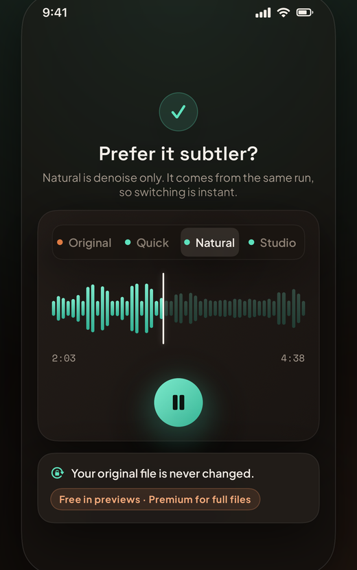 The A/B player with the Natural lane selected, noting that your original file is never changed.