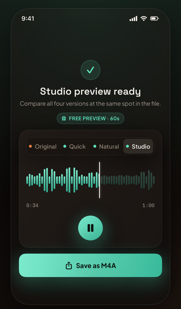 The 4-way A/B player in AI Voice Enhancer, comparing Original, Quick, Natural and Studio at the same spot in a recording.